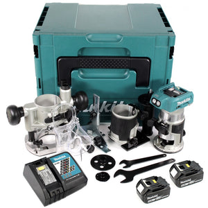 Makita DRT 50 RTJ X2 18 V Li-Ion Akku Brushless Multifunktionsfräse im Makpac inkl. Fräsmodule + 2x 5,0 Akku + Ladegerät