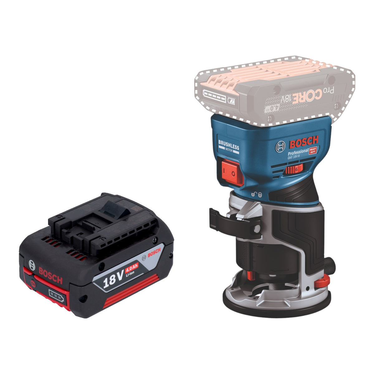 Bosch GKF 18V-8 Professional Akku Kantenfräse 18 V 8,0 mm Brushless + 1x Akku 4,0 Ah - ohne Ladegerät