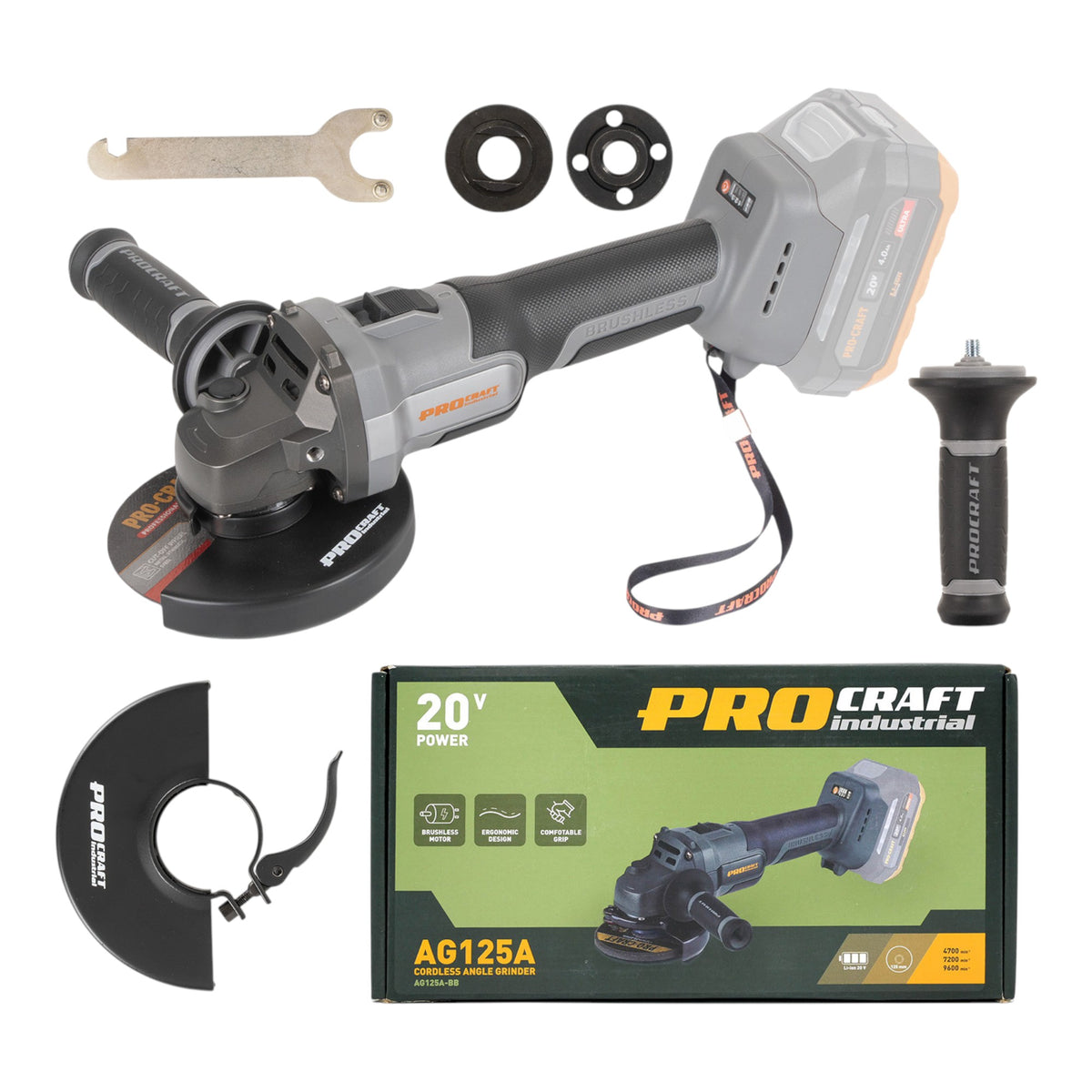 Procraft Industrial AG125Abb Akku Winkelschleifer 20 V 125 mm Brushless Solo - ohne Akku, ohne Ladegerät