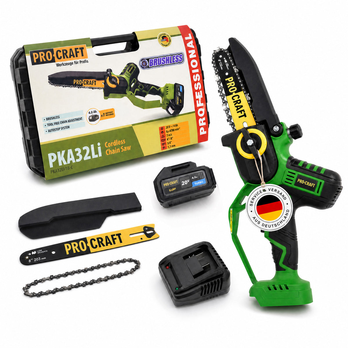 Procraft PKA32Li Akku Kettensäge 20 V 203 mm Brushless + 1x Akku 4,0 Ah + Ladegerät + Koffer