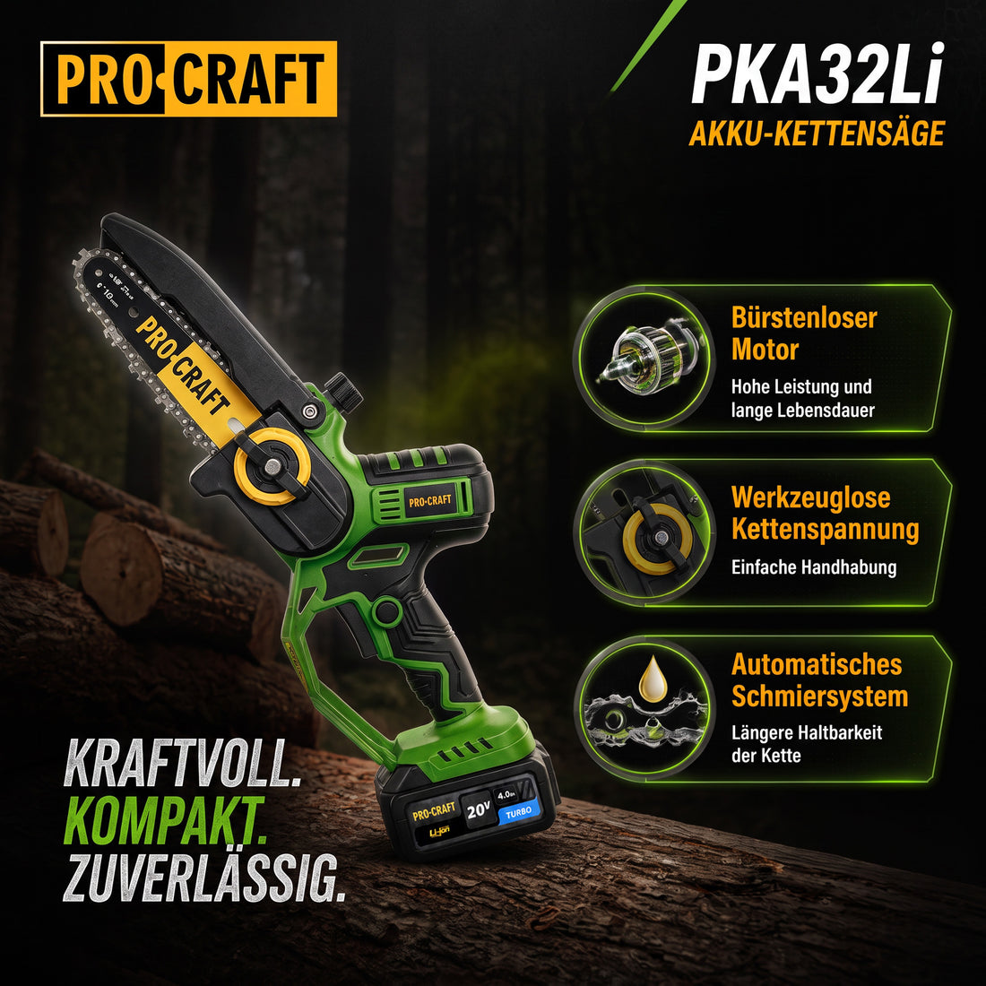 Procraft PKA32Li Akku Kettensäge 20 V 203 mm Brushless + 1x Akku 4,0 Ah + Ladegerät + Koffer