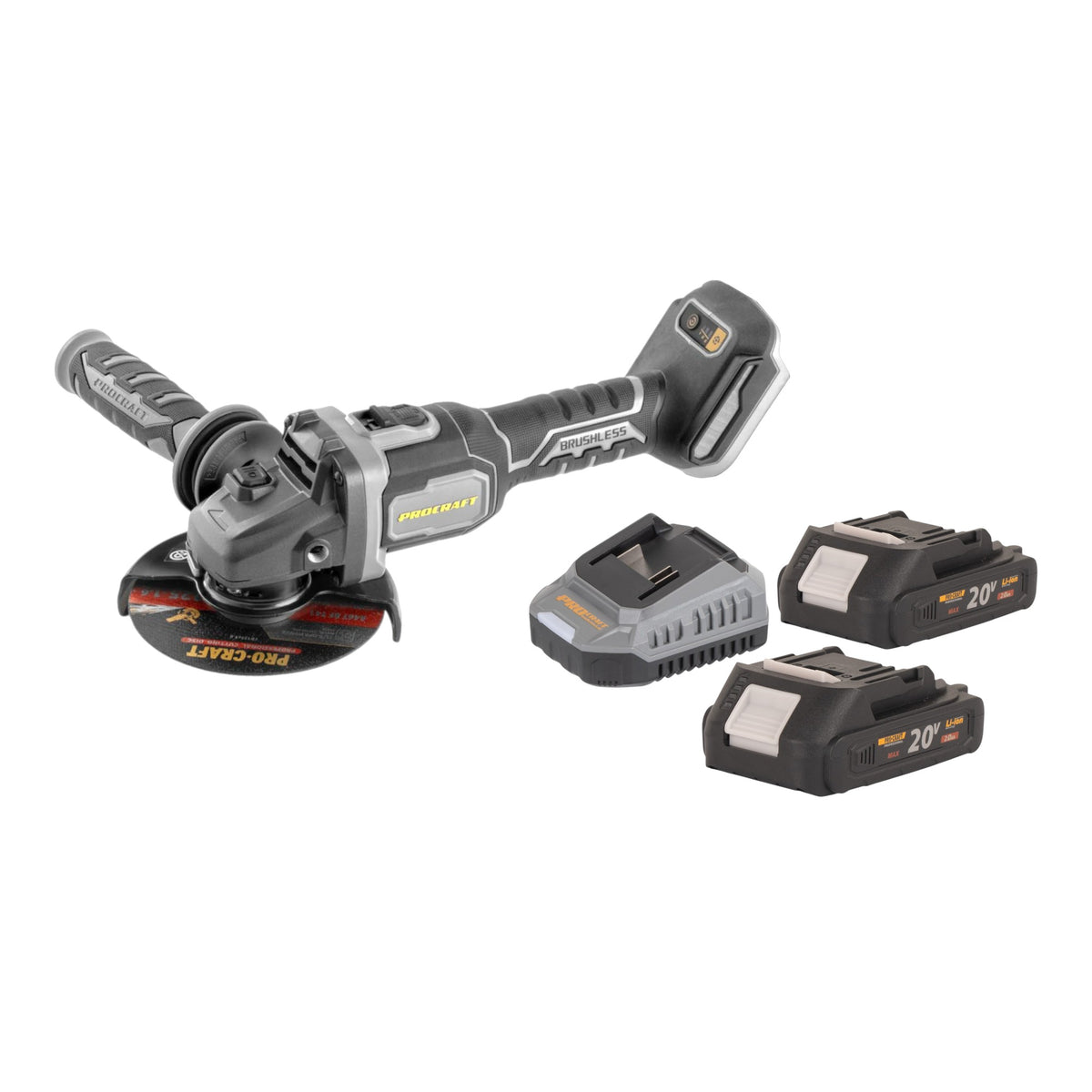 Procraft Industrial AG125Bbb Akku Winkelschleifer 20 V 125 mm Brushless + 2x Akku 2,0 Ah + Ladegerät