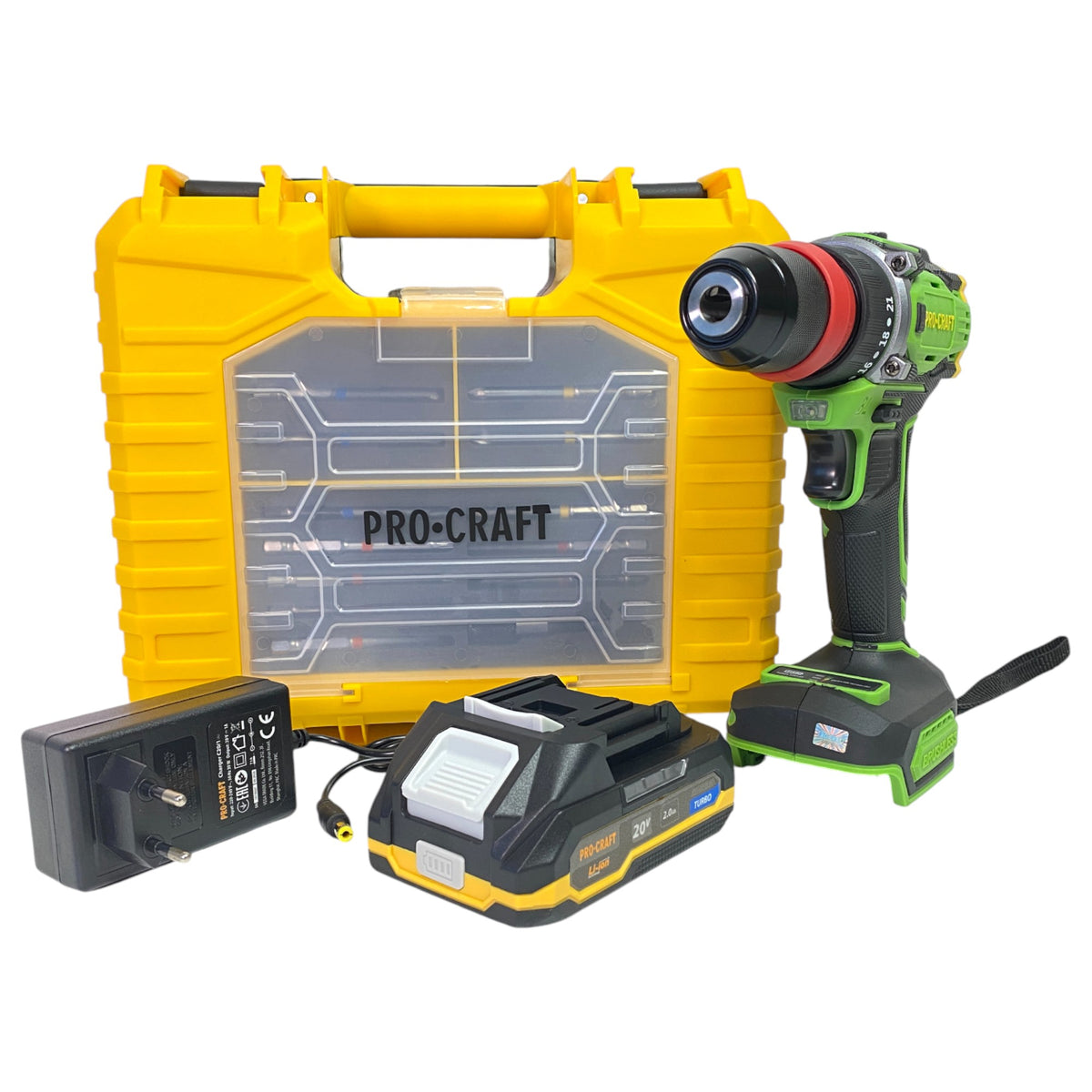 Procraft PA18ProDFR2-1B-C Akku Bohrschrauber 20 V 30 Nm Brushless + 1x Akku 2,0 Ah + Ladegerät + 13 tlg. Bit Set + Koffer