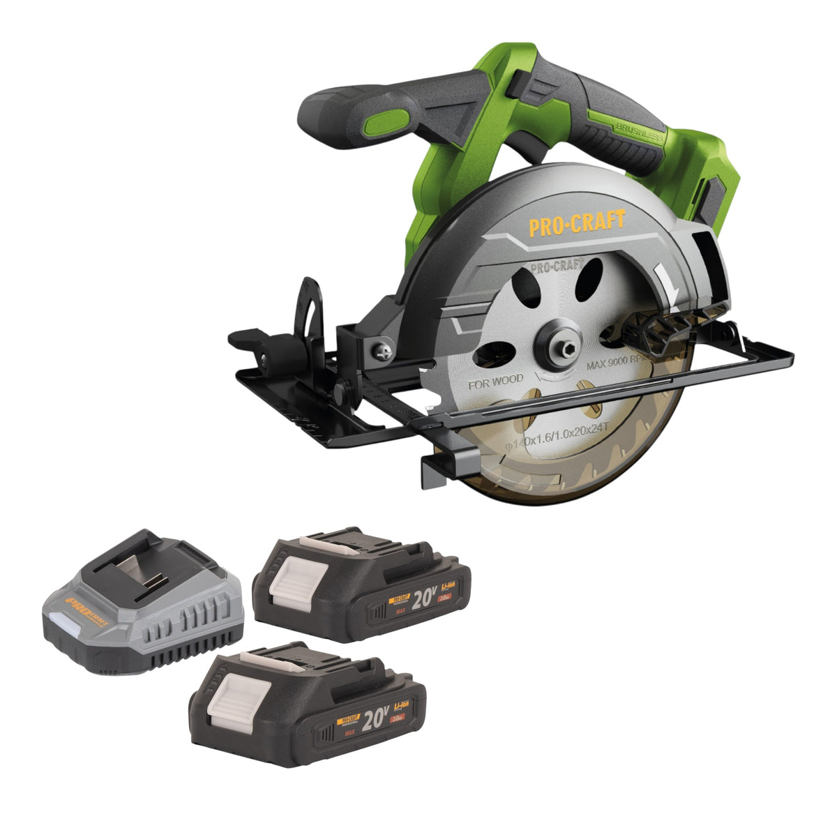 Procraft PCA32-BB Akku Handkreissäge 20 V 165 mm Brushless + 2x Akku 2,0 Ah + Ladegerät