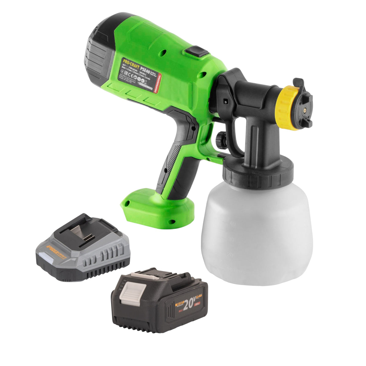 Procraft PSE40bb Akku Farbspritzpistole 20 V + 1x Akku 4,0 Ah + Ladegerät