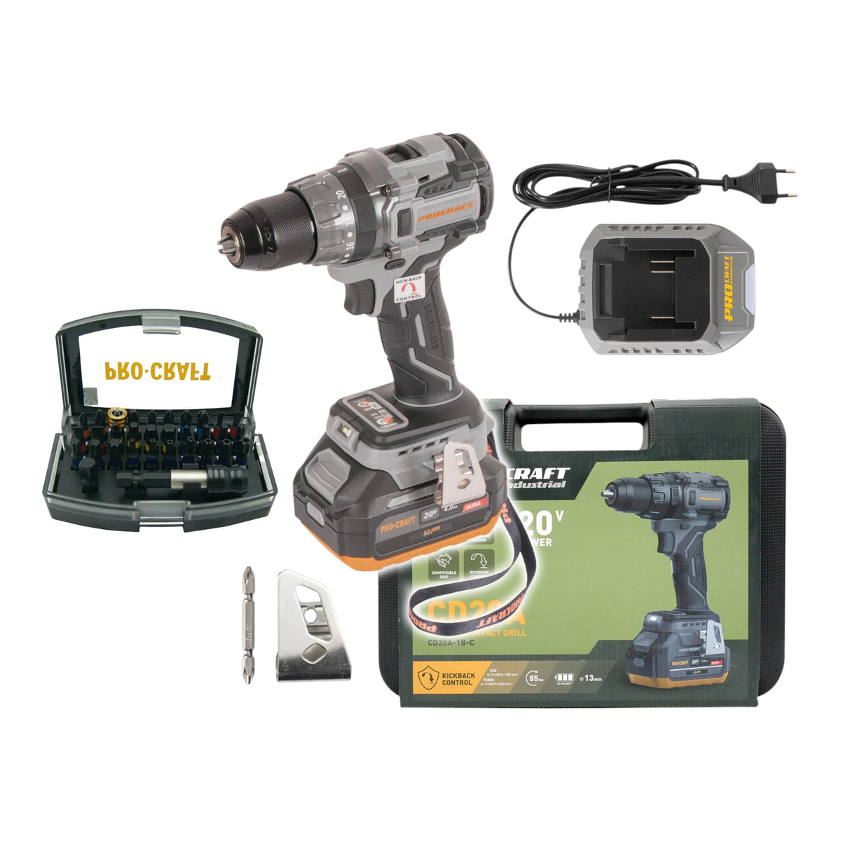 Procraft Industrial CD20A Akku Schlagbohrschrauber 20 V 85 Nm + 1x Akku 4,0 Ah + Ladegerät + 32 tlg. Bit Set + Koffer
