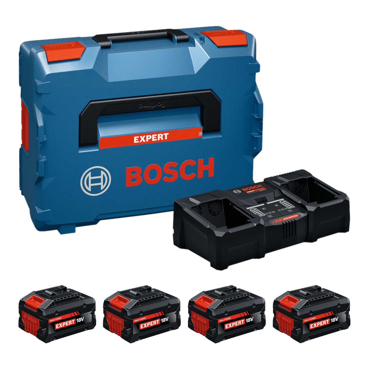 Bosch EXPERT 4x EXBA18V-80 + EXAL18V2-320 Starter Set 18 V + 4x Akku 8,0 Ah + Ladegerät 16 A + L-Boxx
