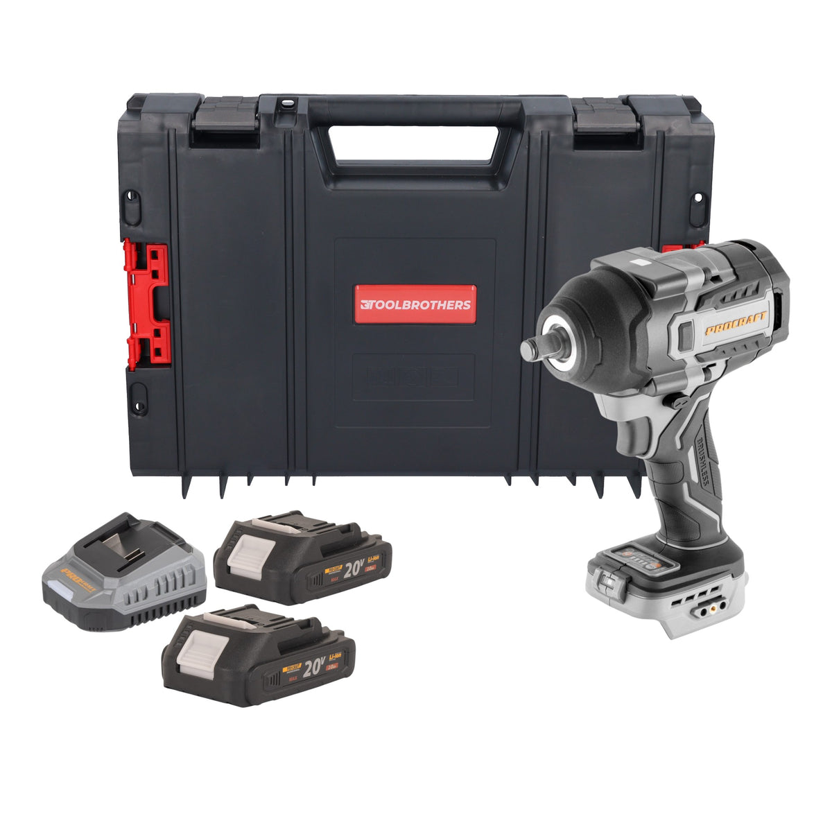 ProCraft Industrial IW850A-BB Akku Schlagschrauber 20 V 850 Nm 1/2" Brushless + 2x Akku 2,0 Ah + Ladegerät + RHINO Toolcase