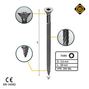 FORTE Tools Universal Holzschraube 3,5 x 20 mm T15 200 Stk. ( 000040113861 ) silber verzinkt Torx Senkkopf Vollgewinde