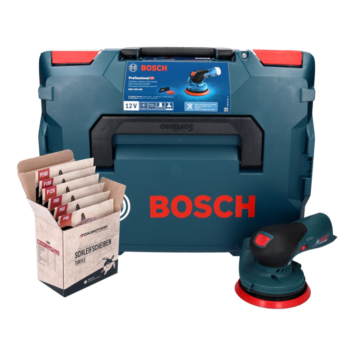 Bosch GEX 12V-125 Professional Akku Exzenterschleifer 12 V 125 mm Brushless + L-Boxx ( 0601372100 ) + Toolbrothers TURTLE Schleifset - ohne Akku, ohne Ladegerät