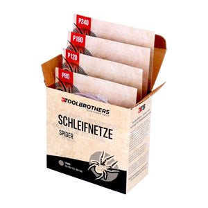 Toolbrothers SPIDER Schleifset Netz Schleifmittel Schleifnetze 125 mm Klett je 10x P80 / P120 / P180 / P240 für Hartholz, Weichholz, Lack, Stein, Stahl, Aluminium, Furnier