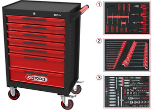 KS TOOLS ECOline SCHWARZ/ROT Werkstattwagen mit 7 Schubladen und 215 Premium-Werkzeugen ( 897.7215 )