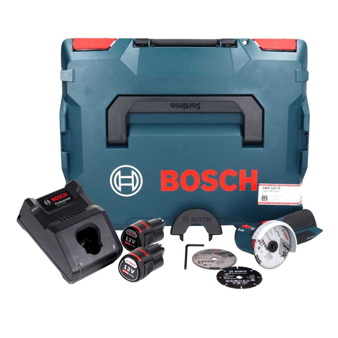 Bosch GWS 12V-76 Professional Akku Winkelschleifer 12 V 76 mm Brushless + 2x Akku 3,0 Ah + Ladegerät + L-Boxx