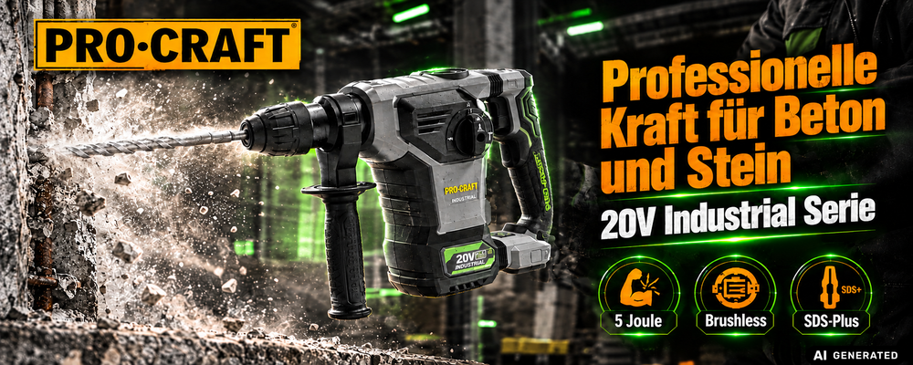 Procraft Industrial HD20B-BB-C Akku Kombihammer 20 V 5 J SDS plus Brushless + 2x Akku 8,0 Ah + Ladegerät + Koffer