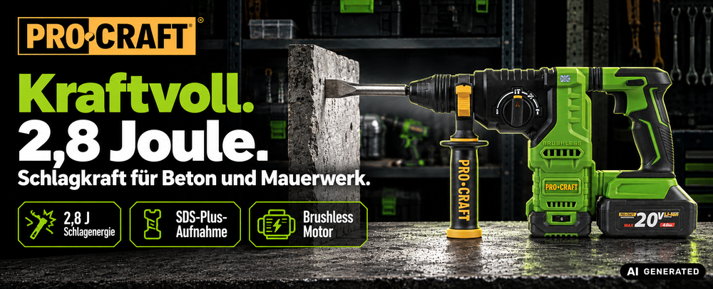 Procraft PHA30-bb-c Akku Bohrhammer 20 V 2,8 J SDS plus Brushless + 1x Akku 4,0 Ah + Koffer - ohne Ladegerät
