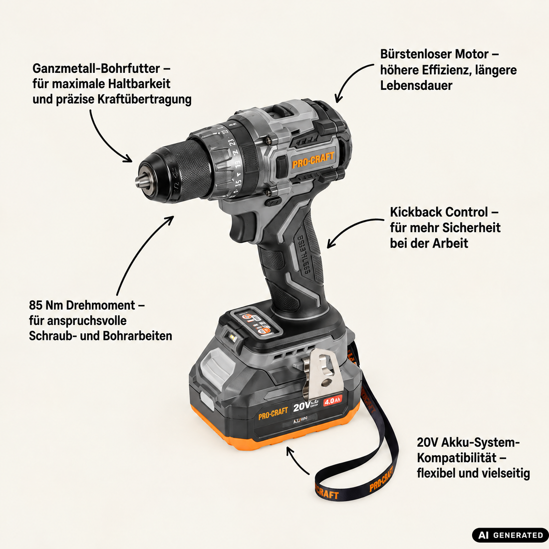 Procraft Industrial CD20Abb Akku Schlagbohrschrauber 20 V 85 Nm + 1x Akku 4,0 Ah - ohne Ladegerät