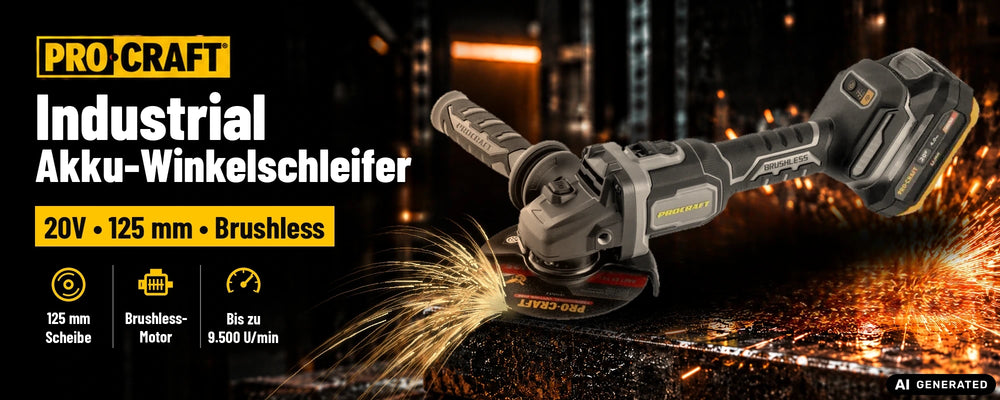 Procraft Industrial AG125Bbb Akku Winkelschleifer 20 V 125 mm Brushless + 1x Akku 2,0 Ah + Ladegerät + RHINO Toolcase