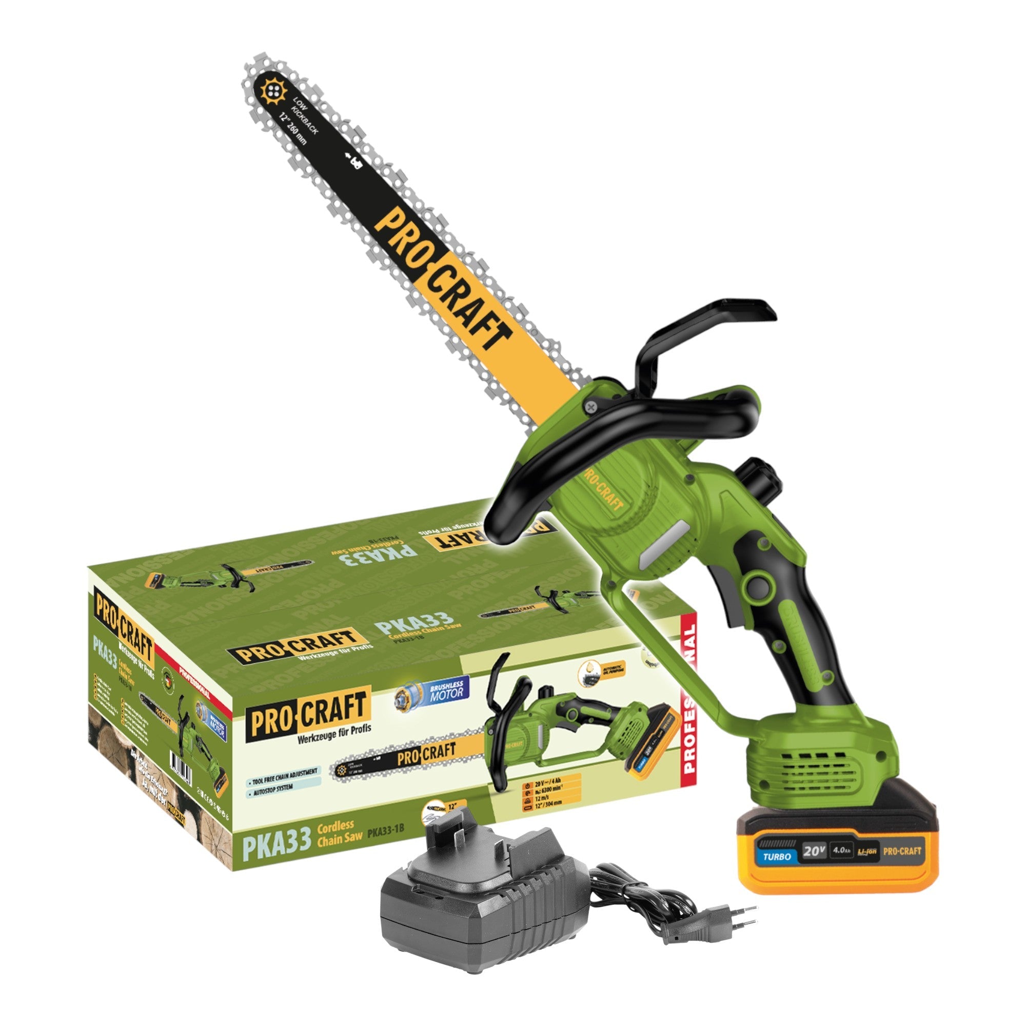 Procraft PKA33-1B Akku Kettensäge 20 V 304 mm Brushless + 1x Akku 4,0 Ah + Ladegerät