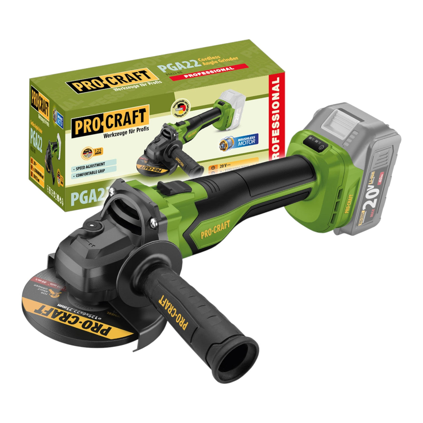 Procraft PGA22-BB Akku Winkelschleifer 20 V 125 mm Brushless Solo - ohne Akku, ohne Ladegerät