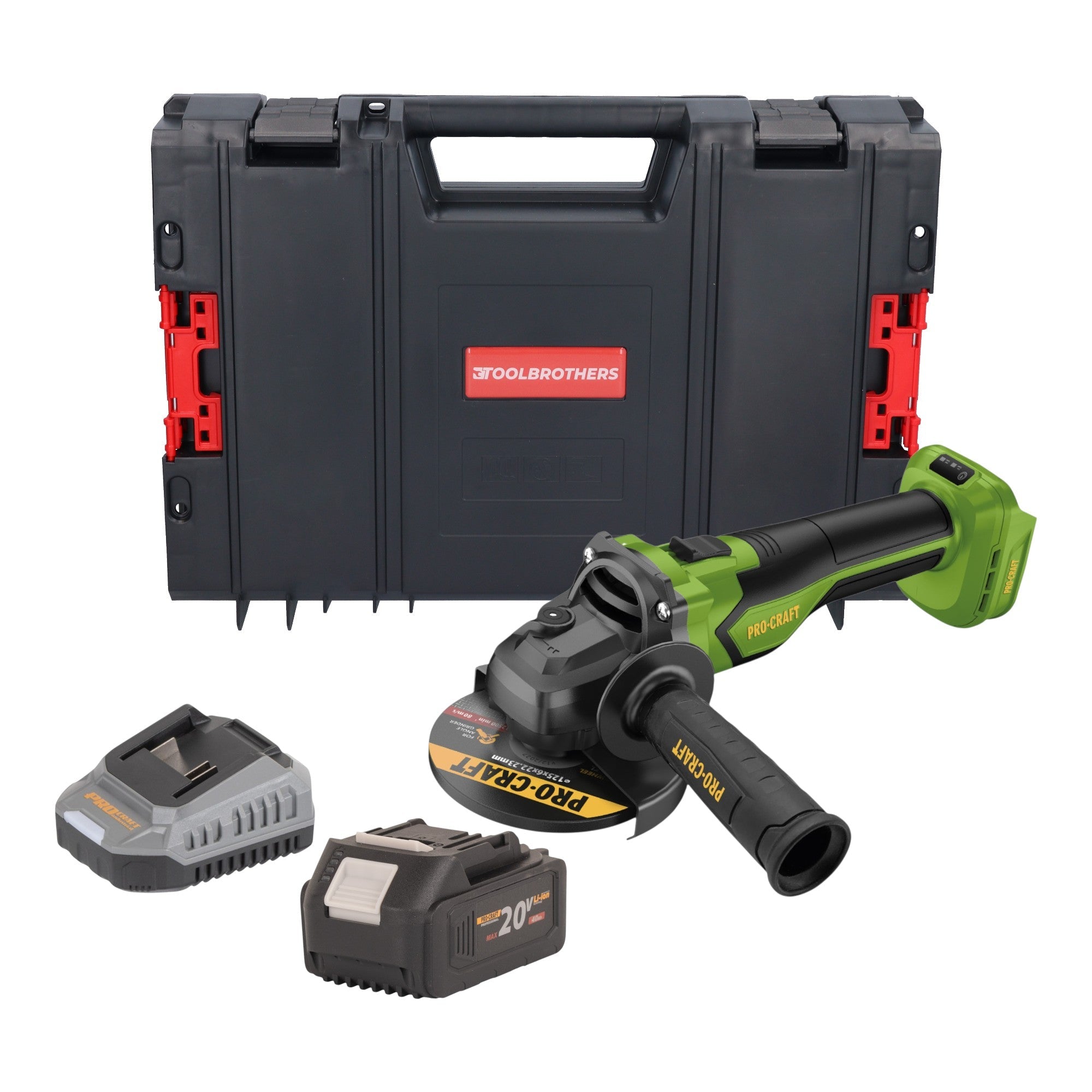 Procraft PGA22-BB Akku Winkelschleifer 20 V 125 mm Brushless + 1x Akku 4,0 Ah + Ladegerät + RHINO Toolcase