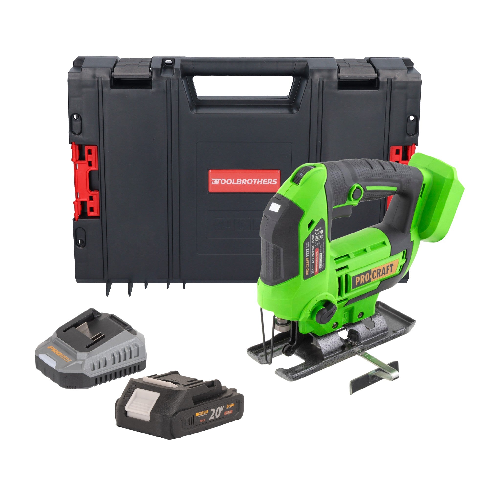 Procraft ST22 Akku Stichsäge 20 V 80 mm Brushless + 1x Akku 2,0 Ah + Ladegerät + RHINO Toolcase