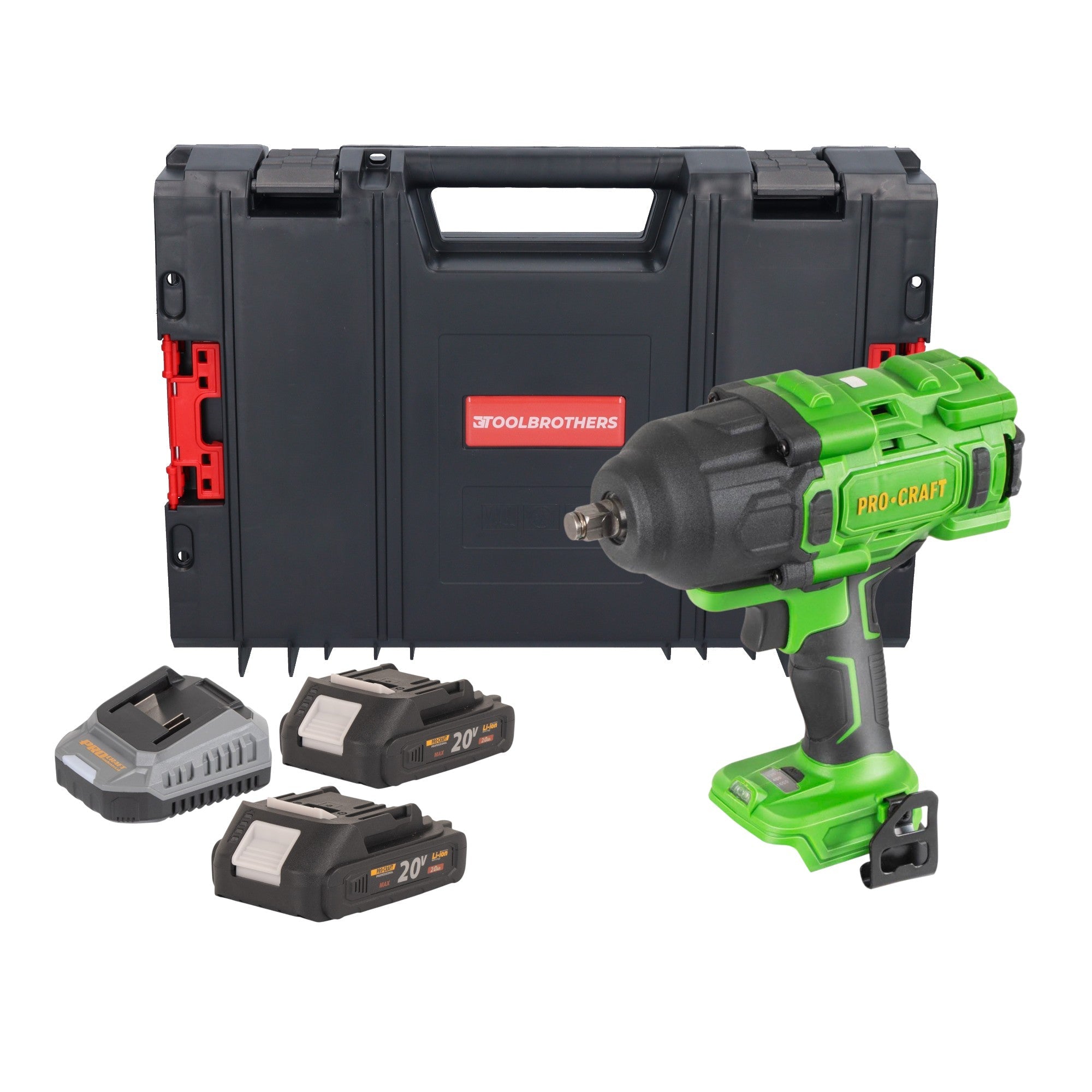 Procraft PWA80bb Akku Schlagschrauber 20 V 1600 Nm 1/2" Brushless + 2x Akku 2,0 Ah + Ladegerät + RHINO Toolcase