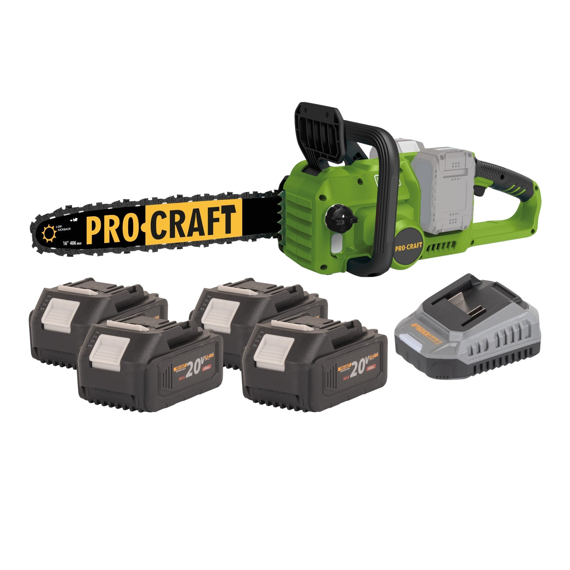 Procraft PCA42/2 Akku Kettensäge 40 V ( 2x 20 V ) 406 mm Brushless + 4x Akku 4,0 Ah + Ladegerät