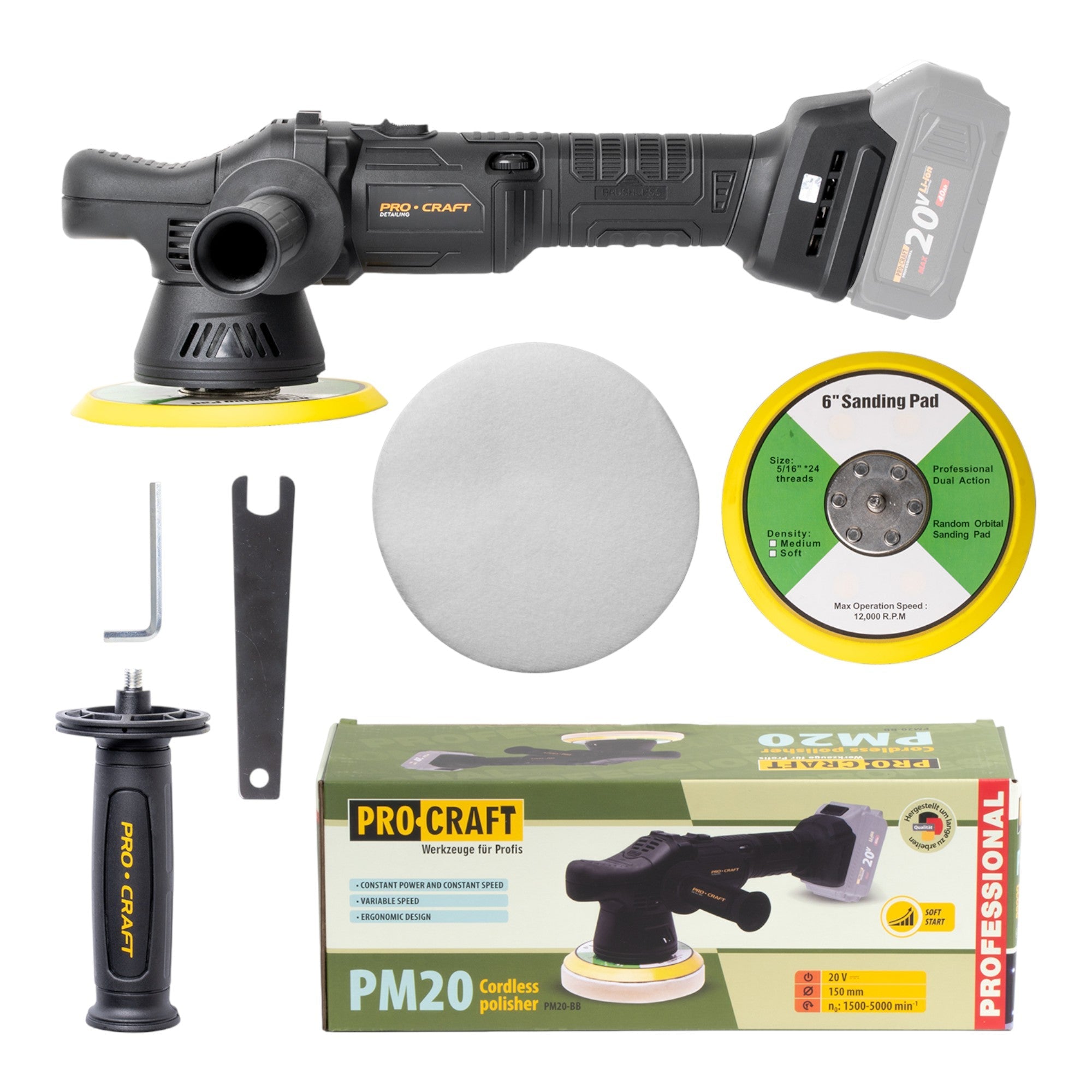 Procraft PM20bb Akku Poliermaschine 20 V 150 mm Solo - ohne Akku, ohne Ladegerät