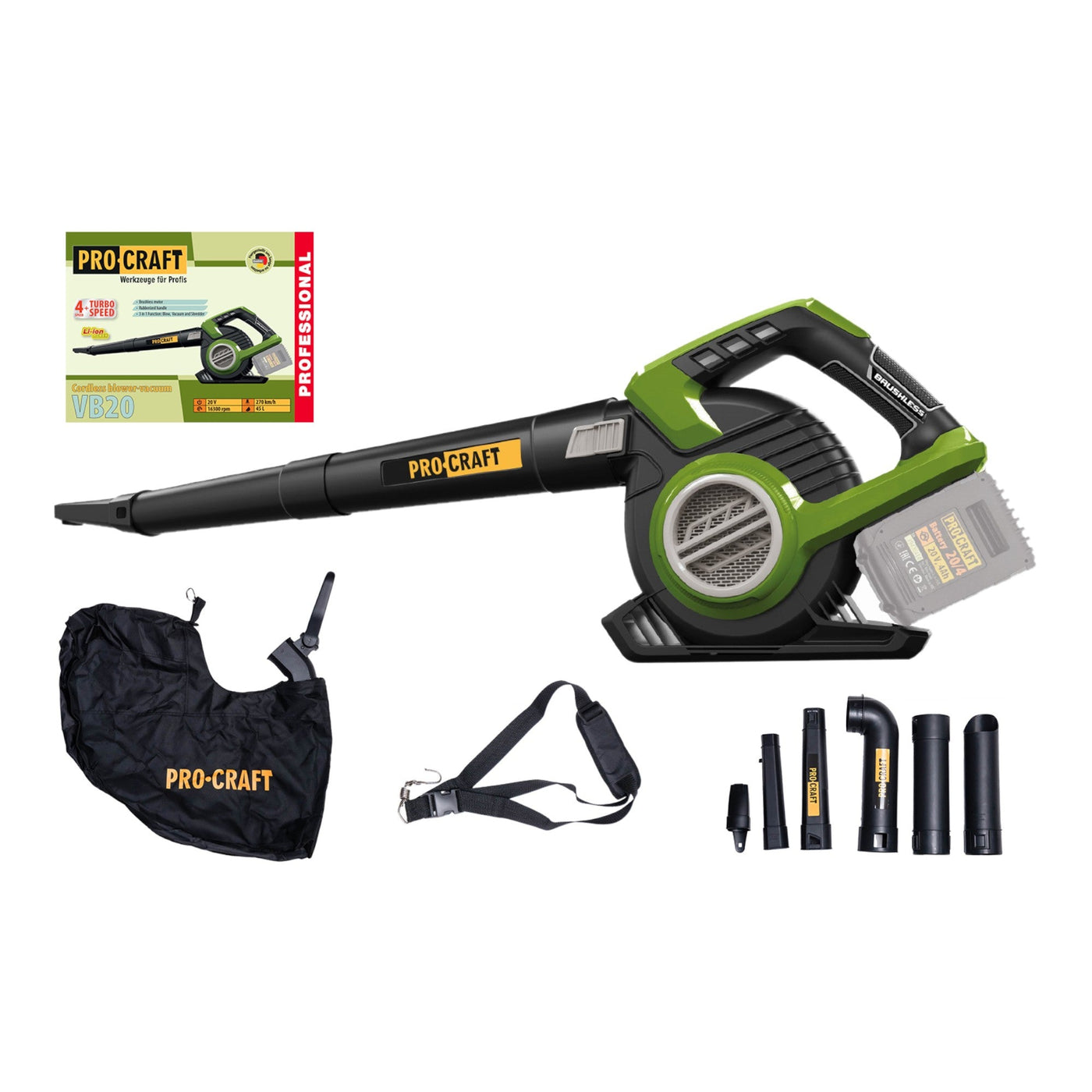 Procraft VB20 Akku Laubbläser und Laubsauger 40 V ( 2x 20 V ) Brushless Solo - ohne Akku, ohne Ladegerät
