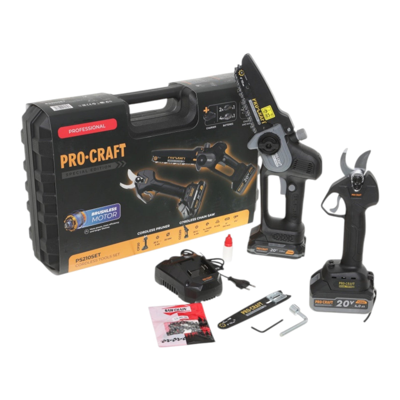 Procraft PKA35 + ES25LI BLACK EDITION Akku Garten Werkzeug Set CCS20 Mini Kettensäge + CP20 Gartenschere 20 V Brushless + 2x Akku 2,0 / 4,0 Ah + Ladegerät