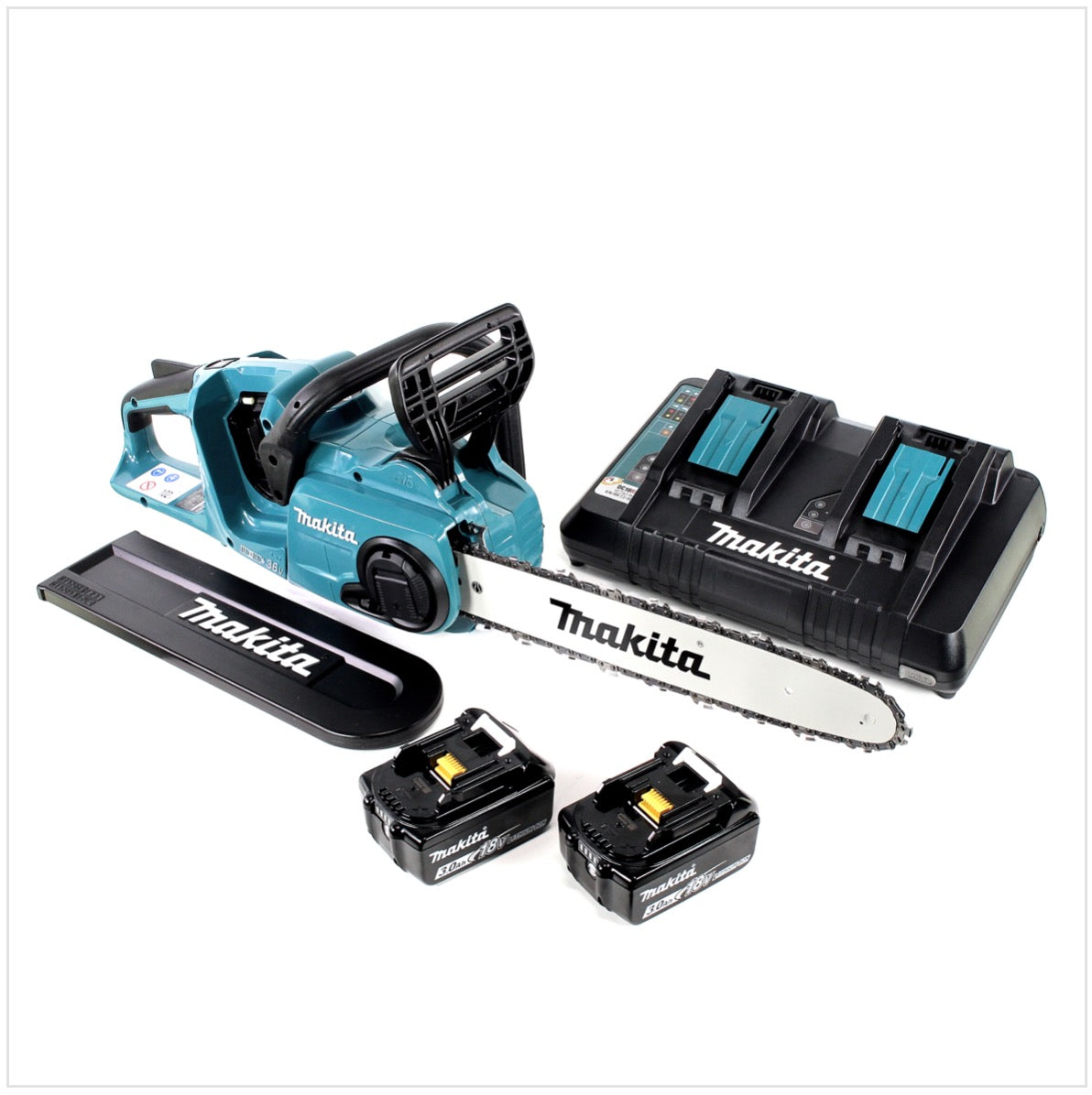 Makita DUC 353 PF2 Akku Kettensäge 36V ( 2x18V ) Brushless 35 cm + 2x 3,0 Ah Akku + Doppelladegerät