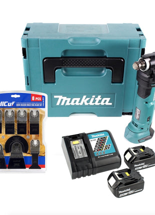 Makita DTM 51 RMJ 18 V Li-Ion Akku Multifunktion Werkzeug im Makpac + 2x 4,0 Ah Akku + Ladegerät + WellCut MT-8 8 tlg. Sägeblätter Set - Toolbrothers