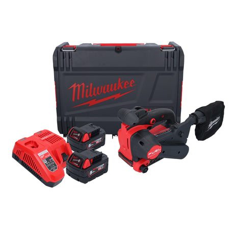 Lijadora de banda a batería Milwaukee M18 FBTS75-502X 18 V 75 x 457 mm sin escobillas + 2x batería 5,0 Ah + cargador + caja HD