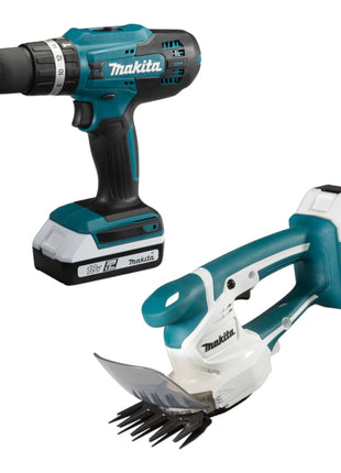 Makita DK18B56Y Spezial Set mit Schlagbohrschrauber HP488D und Grasschere UM110D 18 V G Serie + 2x 1,5 Ah Akku + Ladegerät