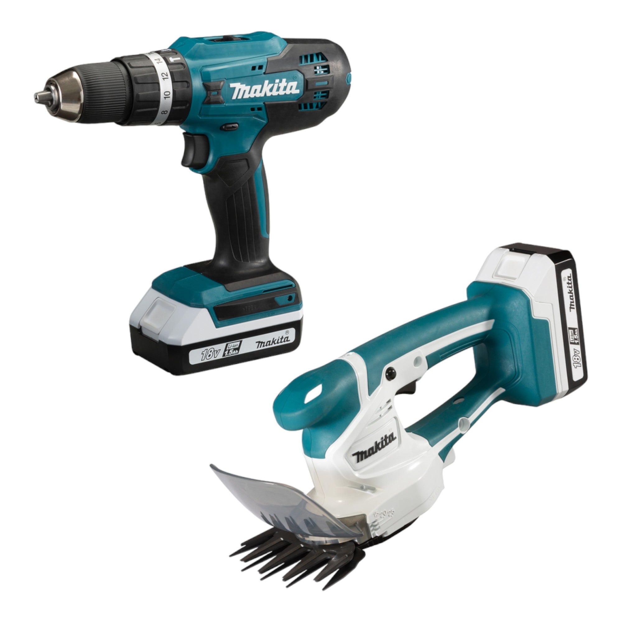 Makita DK18B56Y Spezial Set mit Schlagbohrschrauber HP488D und Grasschere UM110D 18 V G Serie 2x 1 5 Ah Akku Ladegeraet  0 - toolbrothers