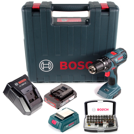 Bosch GSB 18-2-Li Plus Schlagbohrschrauber Professional 18 V im Koffer + 1x GBA 2,0 Ah Akku + Bosch AL 1820 CV Schnellladegerät + Bosch 32 teiliges Bit Set + Bosch USB Ladegerät Adapter für 18V Akkus - Toolbrothers