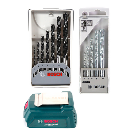 Bosch GSB 18-2-Li Plus Schlagbohrschrauber Professional 18 V im Koffer + 1x GBA 6,0 Ah + Bosch GAL 1880 CV Schnellladegerät + Bosch 5 tlg. Steinbohrer Set + Bosch Holzbohrer Set 7 tlg. + Bosch USB Ladegerät Adapter für 18V Akkus - Toolbrothers