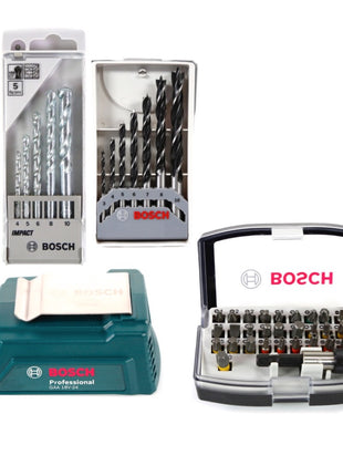 Bosch GSB 18-2-Li Plus Schlagbohrschrauber Professional 18 V im Koffer + 2x GBA 6,0 Ah Akku + Schnellladegerät + 32 tlg. Bit Set + 5 tlg Steinbohrer Set + 7 tlg. Holzbohrer Set  + USB Adapter - Toolbrothers