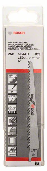Hoja de sierra de sable BOSCH S 644 D Longitud 150 mm Anchura 19 mm ( 8000343832 )