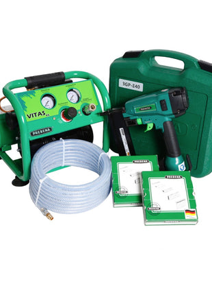 Prebena Komplettpaket 3GP-E40 Druckluftnagler + Kompressor VITAS 45 + 10m Schlauch + 9200x passende Heftklammer Typ E ( 25mm / 32mm ) - Toolbrothers