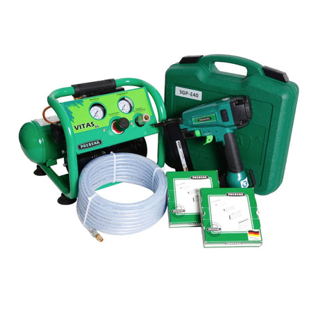 Prebena Komplettpaket 3GP-E40 Druckluftnagler + Kompressor VITAS 45 + 10m Schlauch + 9200x passende Heftklammer Typ E ( 25mm / 32mm ) - Toolbrothers