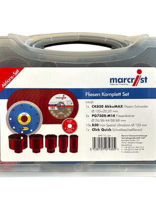 Kit complet de carrelage Marcrist 125 mm + 1x coupe-carreaux + 5x perceuse à carrelage + 10x disque à tronçonner en acier inoxydable + 1x bride à changement rapide (3999.101.354) + coffret