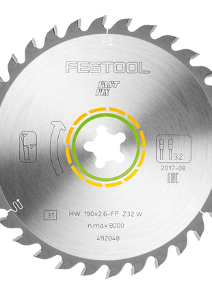 Festool HW 190x2,6 FF W32 Kreissägeblatt WOOD UNIVERSAL 2 Stk. ( 2x 492048 ) 190 x 2,6 mm 32 Zähne für alle Hölzer, Holzwerkstoffe, Baustoffplatten, Gipsfaserplatten, weiches Kunststoff