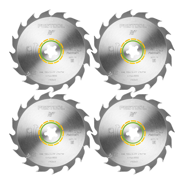 Festool HW 190x2,6 FF PW16 Kreissägeblatt WOOD RIP CUT 4 Stk. ( 4x 492049 ) 190 x 2,6 mm 16 Zähne für zur Faser verlaufende Vollholz-Längsschnitte