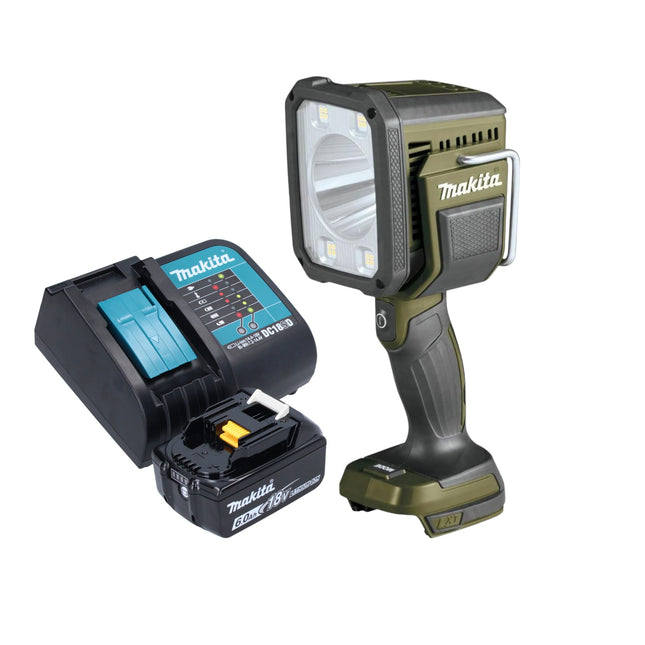 Makita DML 812 SG1 akumulatorowy reflektor ręczny 18 V 1250 lm LED oliwkowozielony outdoor adventure edycja specjalna + 1x akumulator 6,0 Ah + ładowarka