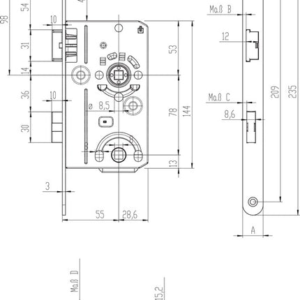 SSF Mortise door lock BAD20/55/78/8 mm DIN right ( 3000251034 )