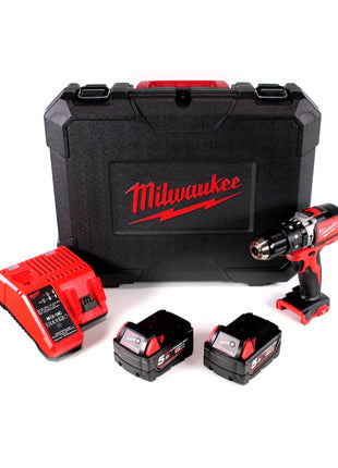 Milwaukee M18 BLPD 502 C Brushless Akku-Schlagbohrschrauber 18V - 13mm Schnellspannbohrfutter + Transportkoffer, 2x Milwaukee M18 B5 Akku 18 V / 5,0 Ah und 1x M12-18C Akku Ladegerät - Toolbrothers