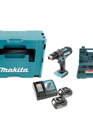 Makita DHP 482 RTJ - 18 V Li-Ion Akku Schlagbohrschrauber im Makpac + 2 x 5,0 Ah Akku + Ladegerät + Makita B-53811 Bit & Bohrer-Set 100-teilig - Toolbrothers