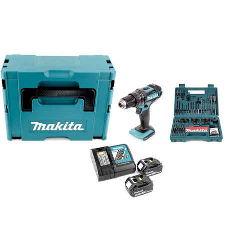 Makita DHP 482 RTJ - 18 V Li-Ion Akku Schlagbohrschrauber im Makpac + 2 x 5,0 Ah Akku + Ladegerät + Makita B-53811 Bit & Bohrer-Set 100-teilig - Toolbrothers