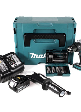 Makita DHP 458 SM1J Akku Schlagbohrschrauber 18 V 91Nm im Makpac + 4,0 Ah Akku + Ladegerät + 38 tlg. Bit- & Bohrer Set - Toolbrothers